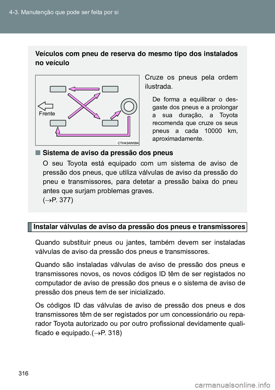 TOYOTA GT86 2016 Manual de utilização (in Portuguese) 316 4-3. Manutenção que pode ser feita por si
Instalar válvulas de aviso da pressão dos pneus e transmissores
Quando substituir pneus ou jantes, também devem ser instaladas
válvulas de aviso da TOYOTA GT86 2016 Manual de utilização (in Portuguese) 316 4-3. Manutenção que pode ser feita por si
Instalar válvulas de aviso da pressão dos pneus e transmissores
Quando substituir pneus ou jantes, também devem ser instaladas
válvulas de aviso da
