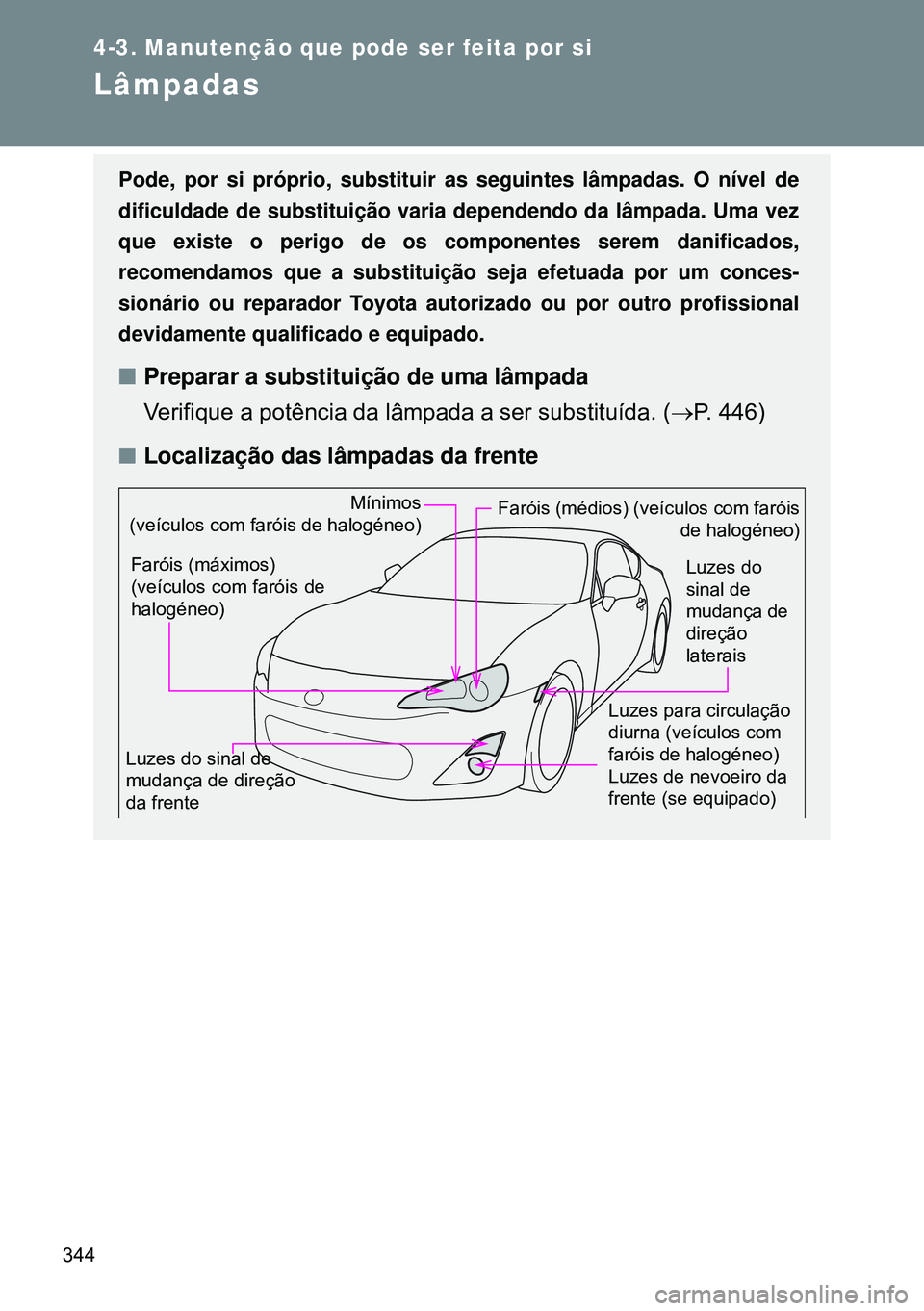 TOYOTA GT86 2016  Manual de utilização (in Portuguese) 344
4-3. Manutenção que pode ser feita por si
Lâmpadas
Pode, por si próprio, substituir as seguintes lâmpadas. O nível de
dificuldade de substituição varia dependendo da lâmpada. Uma vez
que 