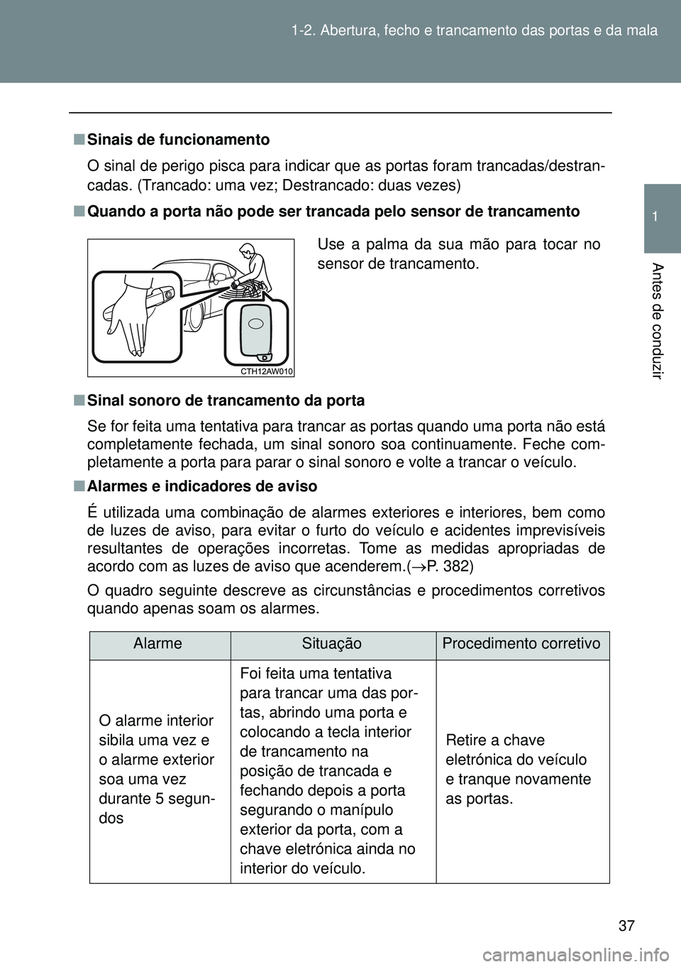 TOYOTA GT86 2016 Manual de utilização (in Portuguese) 37 1-2. Abertura, fecho e trancamento das portas e da mala
1
Antes de conduzir
nSinais de funcionamento
O sinal de perigo pisca para indicar que as portas foram trancadas/destran-
cadas. (Trancado: um TOYOTA GT86 2016 Manual de utilização (in Portuguese) 37 1-2. Abertura, fecho e trancamento das portas e da mala
1
Antes de conduzir
nSinais de funcionamento
O sinal de perigo pisca para indicar que as portas foram trancadas/destran-
cadas. (Trancado: um