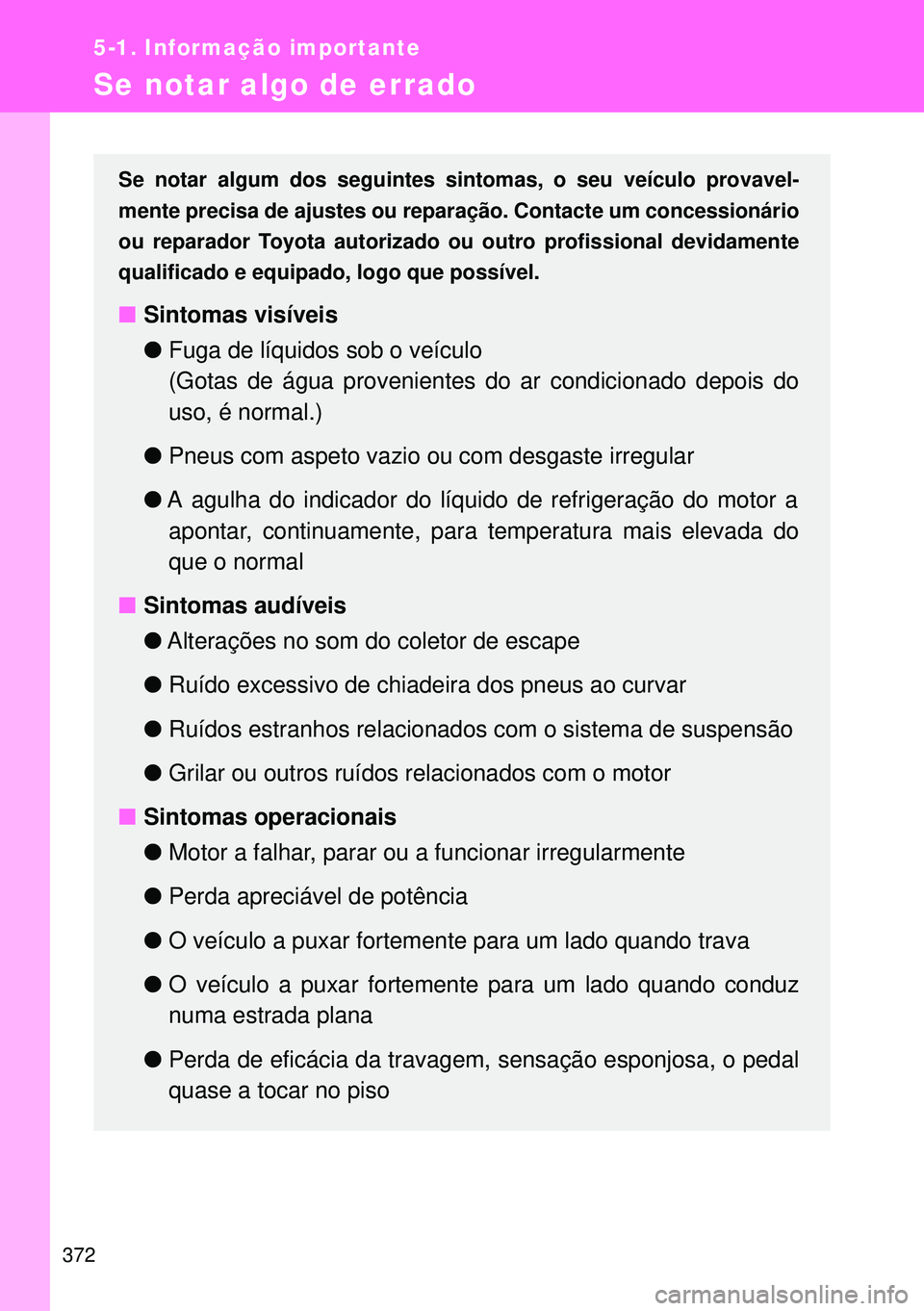 TOYOTA GT86 2016  Manual de utilização (in Portuguese) 372
5-1. Informação importante
Se notar algo de errado
Se notar algum dos seguintes sintomas, o seu veículo provavel-
mente precisa de ajustes ou reparação. Contacte um concessionário
ou reparad