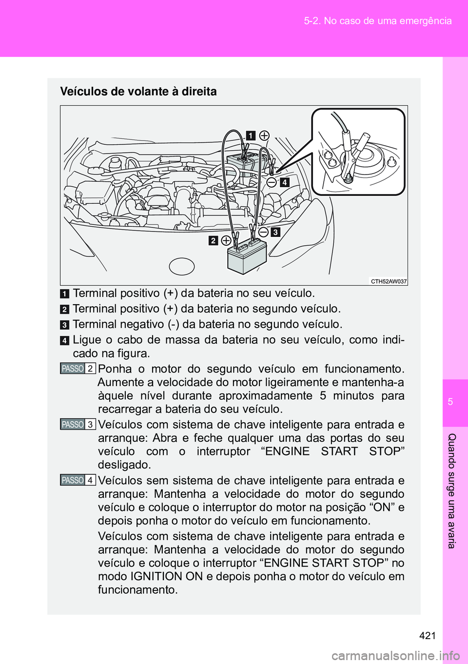 TOYOTA GT86 2016 Manual de utilização (in Portuguese) 5
421 5-2. No caso de uma emergência
Quando surge uma avaria
Veículos de volante à direita
Terminal positivo (+) da bateria no seu veículo.
Terminal positivo (+) da bateria no segundo veículo.
Te TOYOTA GT86 2016 Manual de utilização (in Portuguese) 5
421 5-2. No caso de uma emergência
Quando surge uma avaria
Veículos de volante à direita
Terminal positivo (+) da bateria no seu veículo.
Terminal positivo (+) da bateria no segundo veículo.
Te