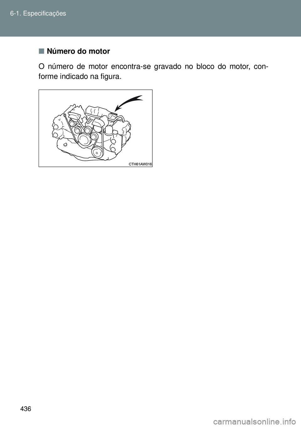 TOYOTA GT86 2016  Manual de utilização (in Portuguese) 436 6-1. Especificações
nNúmero do motor
O número de motor encontra-se gravado no bloco do motor, con-
forme indicado na figura. 
