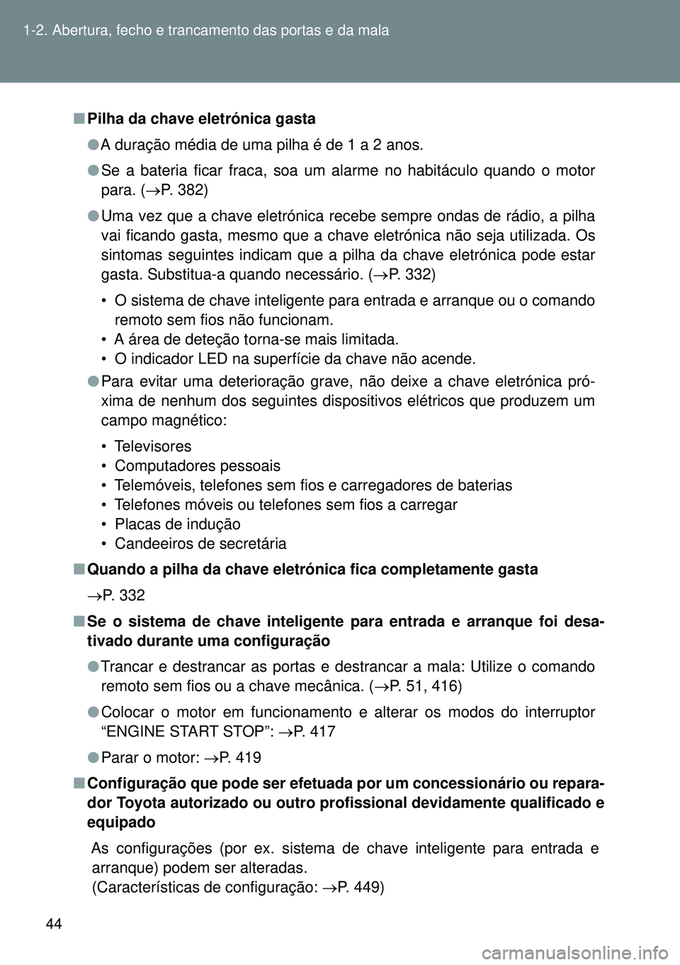 TOYOTA GT86 2016 Manual de utilização (in Portuguese) 44 1-2. Abertura, fecho e trancamento das portas e da mala
nPilha da chave eletrónica gasta
lA duração média de uma pilha é de 1 a 2 anos.
lSe a bateria ficar fraca, soa um alarme no habitáculo TOYOTA GT86 2016 Manual de utilização (in Portuguese) 44 1-2. Abertura, fecho e trancamento das portas e da mala
nPilha da chave eletrónica gasta
lA duração média de uma pilha é de 1 a 2 anos.
lSe a bateria ficar fraca, soa um alarme no habitáculo