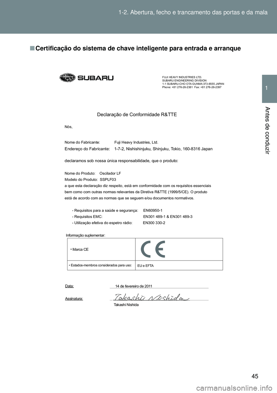 TOYOTA GT86 2016 Manual de utilização (in Portuguese) 45 1-2. Abertura, fecho e trancamento das portas e da mala
1
Antes de conduzir
nCertificação do sistema de chave inteligente para entrada e arranque
FUJI HEAVY INDUSTRIES LTD.
SUBARU ENGINEERING DIV TOYOTA GT86 2016 Manual de utilização (in Portuguese) 45 1-2. Abertura, fecho e trancamento das portas e da mala
1
Antes de conduzir
nCertificação do sistema de chave inteligente para entrada e arranque
FUJI HEAVY INDUSTRIES LTD.
SUBARU ENGINEERING DIV