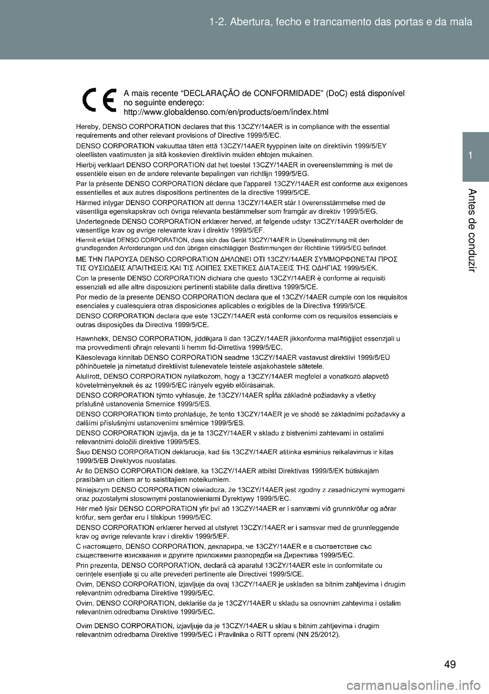 TOYOTA GT86 2016 Manual de utilização (in Portuguese) 49 1-2. Abertura, fecho e trancamento das portas e da mala
1
Antes de conduzir
A mais recente “DECLARAÇÃO de CONFORMIDADE” (DoC) está disponível
no seguinte endereço:
http://www.globaldenso. TOYOTA GT86 2016 Manual de utilização (in Portuguese) 49 1-2. Abertura, fecho e trancamento das portas e da mala
1
Antes de conduzir
A mais recente “DECLARAÇÃO de CONFORMIDADE” (DoC) está disponível
no seguinte endereço:
http://www.globaldenso.