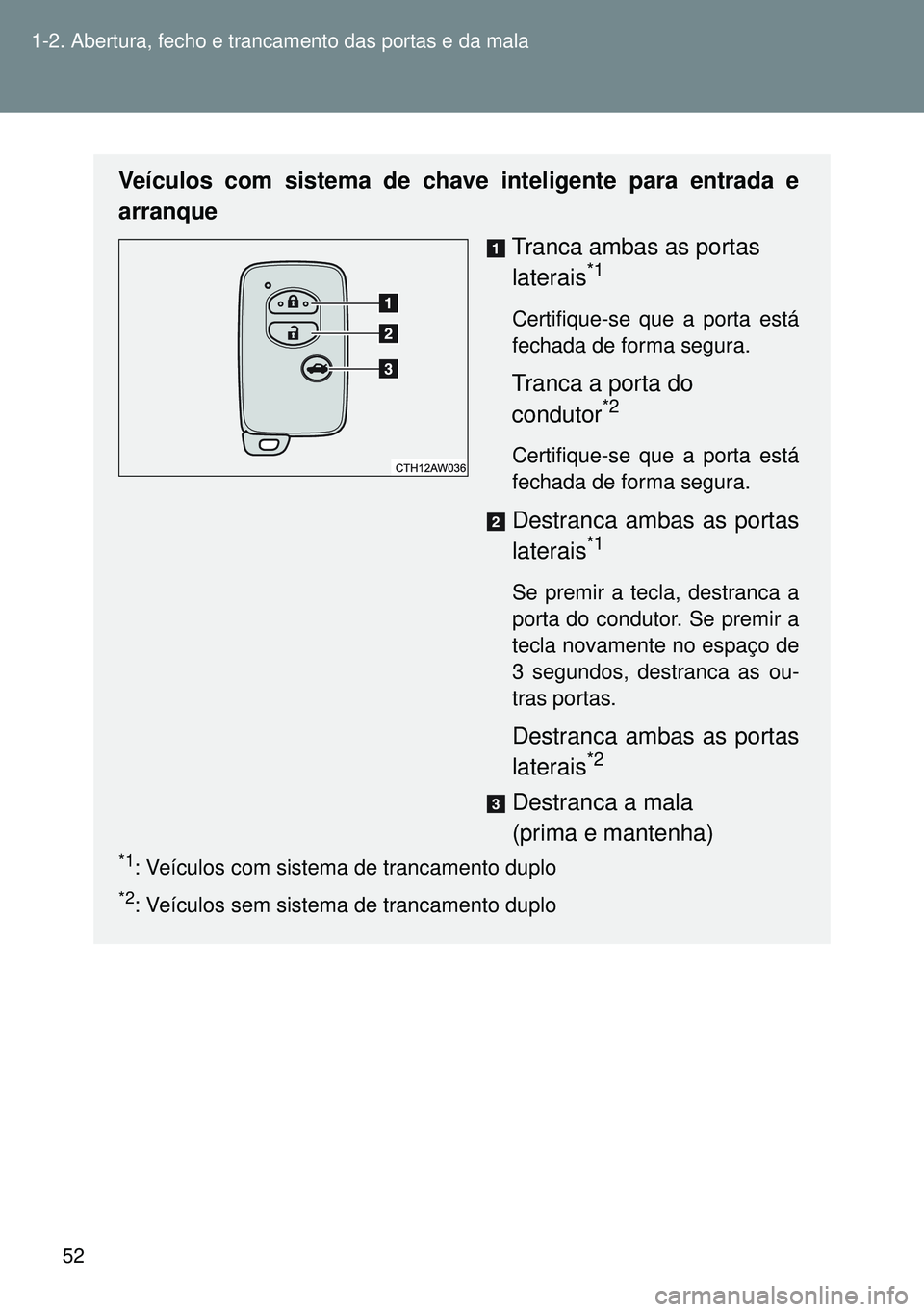 TOYOTA GT86 2016 Manual de utilização (in Portuguese) 52 1-2. Abertura, fecho e trancamento das portas e da mala
Veículos com sistema de chave inteligente para entrada e
arranque
Tranca ambas as portas
laterais
*1
Certifique-se que a porta está
fechad TOYOTA GT86 2016 Manual de utilização (in Portuguese) 52 1-2. Abertura, fecho e trancamento das portas e da mala
Veículos com sistema de chave inteligente para entrada e
arranque
Tranca ambas as portas
laterais
*1
Certifique-se que a porta está
fechad