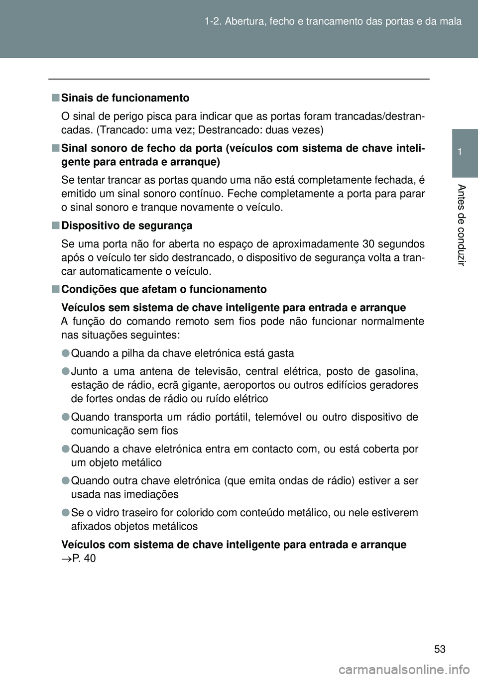 TOYOTA GT86 2016 Manual de utilização (in Portuguese) 53 1-2. Abertura, fecho e trancamento das portas e da mala
1
Antes de conduzir
nSinais de funcionamento
O sinal de perigo pisca para indicar que as portas foram trancadas/destran-
cadas. (Trancado: um TOYOTA GT86 2016 Manual de utilização (in Portuguese) 53 1-2. Abertura, fecho e trancamento das portas e da mala
1
Antes de conduzir
nSinais de funcionamento
O sinal de perigo pisca para indicar que as portas foram trancadas/destran-
cadas. (Trancado: um