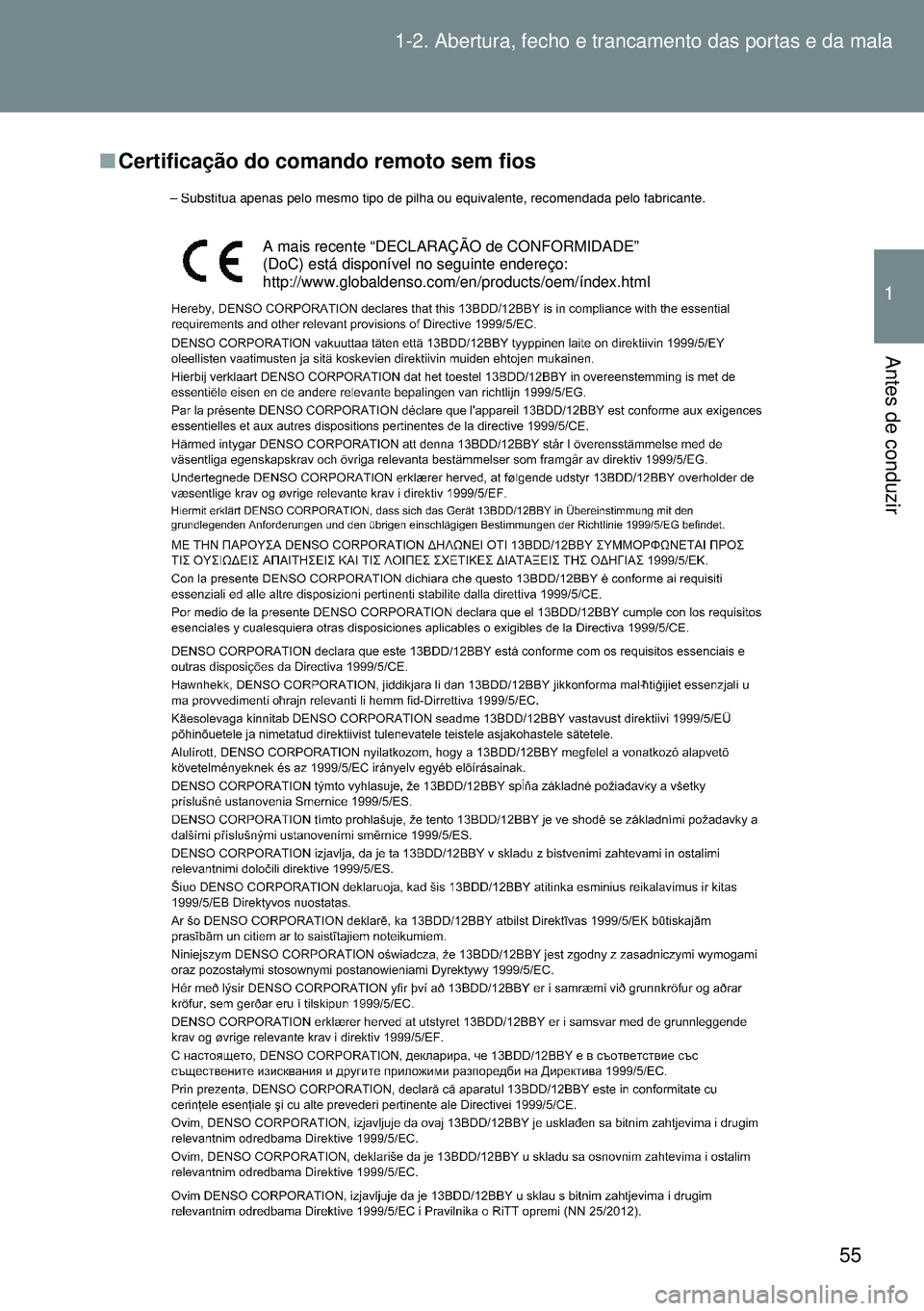 TOYOTA GT86 2016 Manual de utilização (in Portuguese) 55 1-2. Abertura, fecho e trancamento das portas e da mala
1
Antes de conduzir
nCertificação do comando remoto sem fios
– Substitua apenas pelo mesmo tipo de pilha ou equivalente, recomendada pelo TOYOTA GT86 2016 Manual de utilização (in Portuguese) 55 1-2. Abertura, fecho e trancamento das portas e da mala
1
Antes de conduzir
nCertificação do comando remoto sem fios
– Substitua apenas pelo mesmo tipo de pilha ou equivalente, recomendada pelo