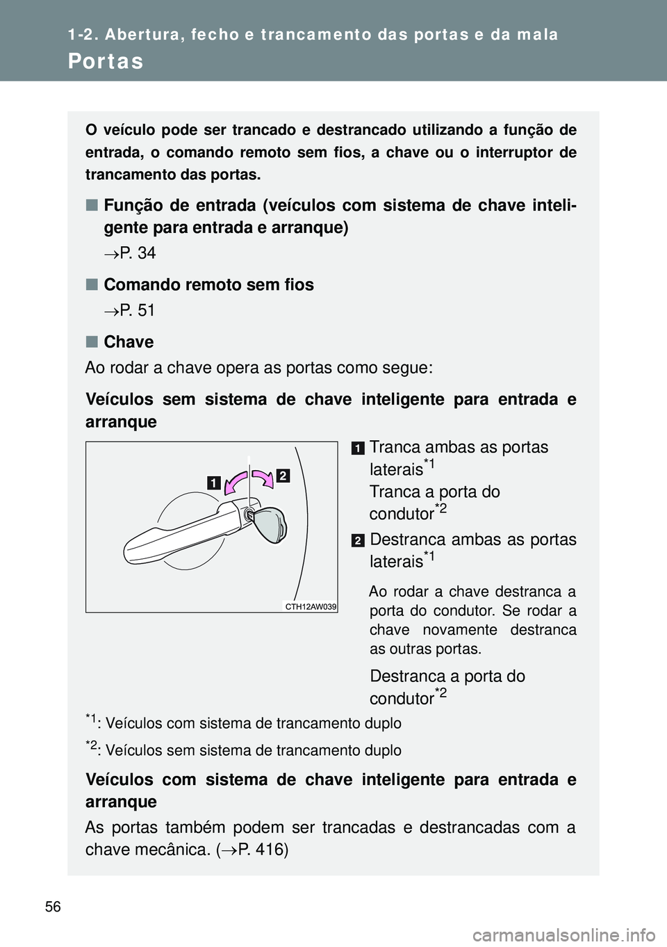 TOYOTA GT86 2016 Manual de utilização (in Portuguese) 56
1-2. Abertura, fecho e trancamento das portas e da mala
Por tas
O veículo pode ser trancado e destrancado utilizando a função de
entrada, o comando remoto sem fios, a chave ou o interruptor de
t TOYOTA GT86 2016 Manual de utilização (in Portuguese) 56
1-2. Abertura, fecho e trancamento das portas e da mala
Por tas
O veículo pode ser trancado e destrancado utilizando a função de
entrada, o comando remoto sem fios, a chave ou o interruptor de
t