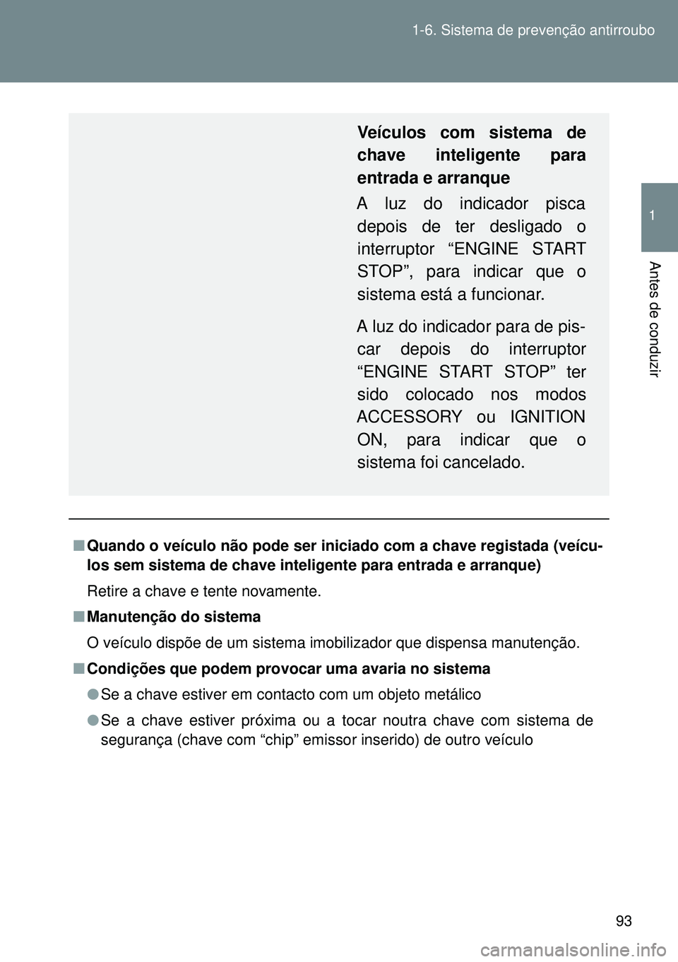 TOYOTA GT86 2016  Manual de utilização (in Portuguese) 93 1-6. Sistema de prevenção antirroubo
1
Antes de conduzir
nQuando o veículo não pode ser iniciado com a chave registada (veícu-
los sem sistema de chave inteligente para entrada e arranque)
Ret