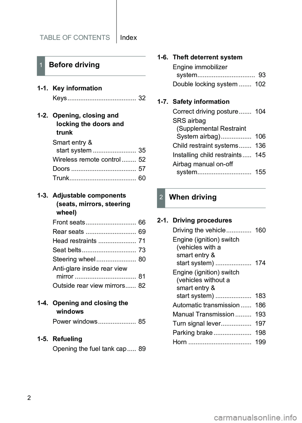 TOYOTA GT86 2017 Owners Manual (in English) TABLE OF CONTENTSIndex
86_EE (OM18071E)
2
1-1. Key informationKeys ...................................... 32
1-2. Opening, closing and locking the doors and
trunk
Smart entry & start system ...... TOYOTA GT86 2017 Owners Manual (in English) TABLE OF CONTENTSIndex
86_EE (OM18071E)
2
1-1. Key informationKeys ...................................... 32
1-2. Opening, closing and locking the doors and
trunk
Smart entry & start system ......