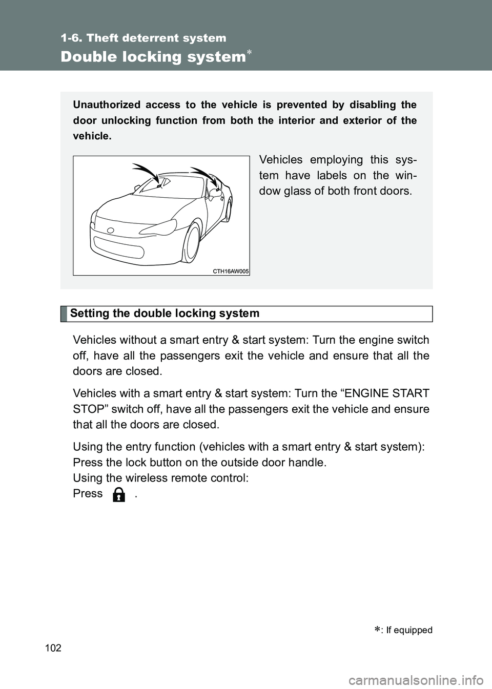 TOYOTA GT86 2017 Owners Manual (in English) 102
1-6. Theft deterrent system
86_EE (OM18071E)
Double locking system∗
Setting the double locking systemVehicles without a smart entry & start system: Turn the engine switch
off, have all the passe TOYOTA GT86 2017 Owners Manual (in English) 102
1-6. Theft deterrent system
86_EE (OM18071E)
Double locking system∗
Setting the double locking systemVehicles without a smart entry & start system: Turn the engine switch
off, have all the passe
