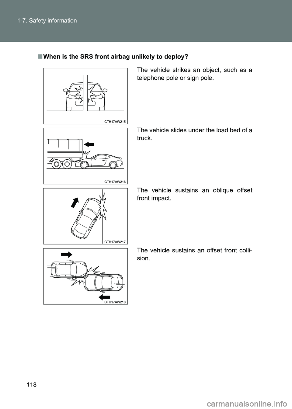 TOYOTA GT86 2017 Owners Manual (in English) 118
1-7. Safety information
86_EE (OM18071E)
■
When is the SRS front airbag unlikely to deploy?
The vehicle strikes an object, such as a
telephone pole or sign pole.
The vehicle slides under the loa TOYOTA GT86 2017 Owners Manual (in English) 118
1-7. Safety information
86_EE (OM18071E)
■
When is the SRS front airbag unlikely to deploy?
The vehicle strikes an object, such as a
telephone pole or sign pole.
The vehicle slides under the loa