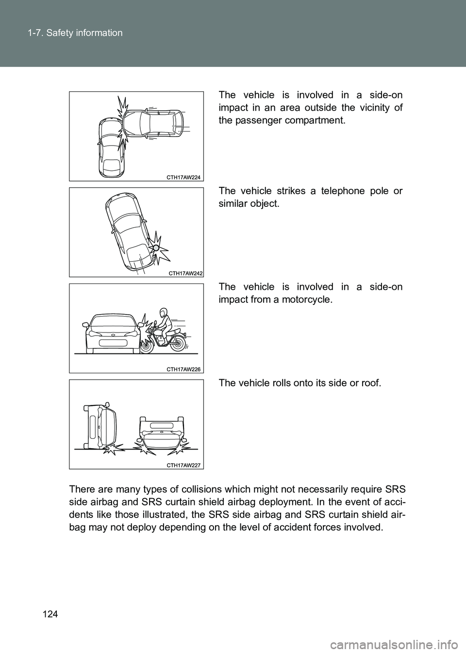TOYOTA GT86 2017 Owners Manual (in English) 124
1-7. Safety information
86_EE (OM18071E)
There are many types of collisions wh
ich might not necessarily require SRS
side airbag and SRS curtain shield air bag deployment. In the event of acci-
de TOYOTA GT86 2017 Owners Manual (in English) 124
1-7. Safety information
86_EE (OM18071E)
There are many types of collisions wh
ich might not necessarily require SRS
side airbag and SRS curtain shield air bag deployment. In the event of acci-
de