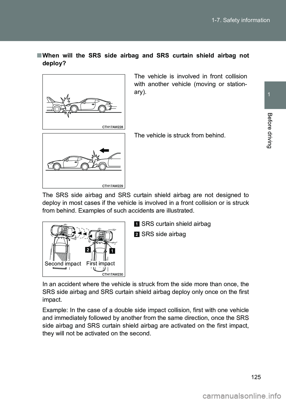 TOYOTA GT86 2017 Owners Manual (in English) 125
1-7. Safety information
1
Before driving
86_EE (OM18071E)
■
When will the SRS side airbag and SRS curtain shield airbag not
deploy?
The SRS side airbag and SRS curtain shield airbag are not des TOYOTA GT86 2017 Owners Manual (in English) 125
1-7. Safety information
1
Before driving
86_EE (OM18071E)
■
When will the SRS side airbag and SRS curtain shield airbag not
deploy?
The SRS side airbag and SRS curtain shield airbag are not des