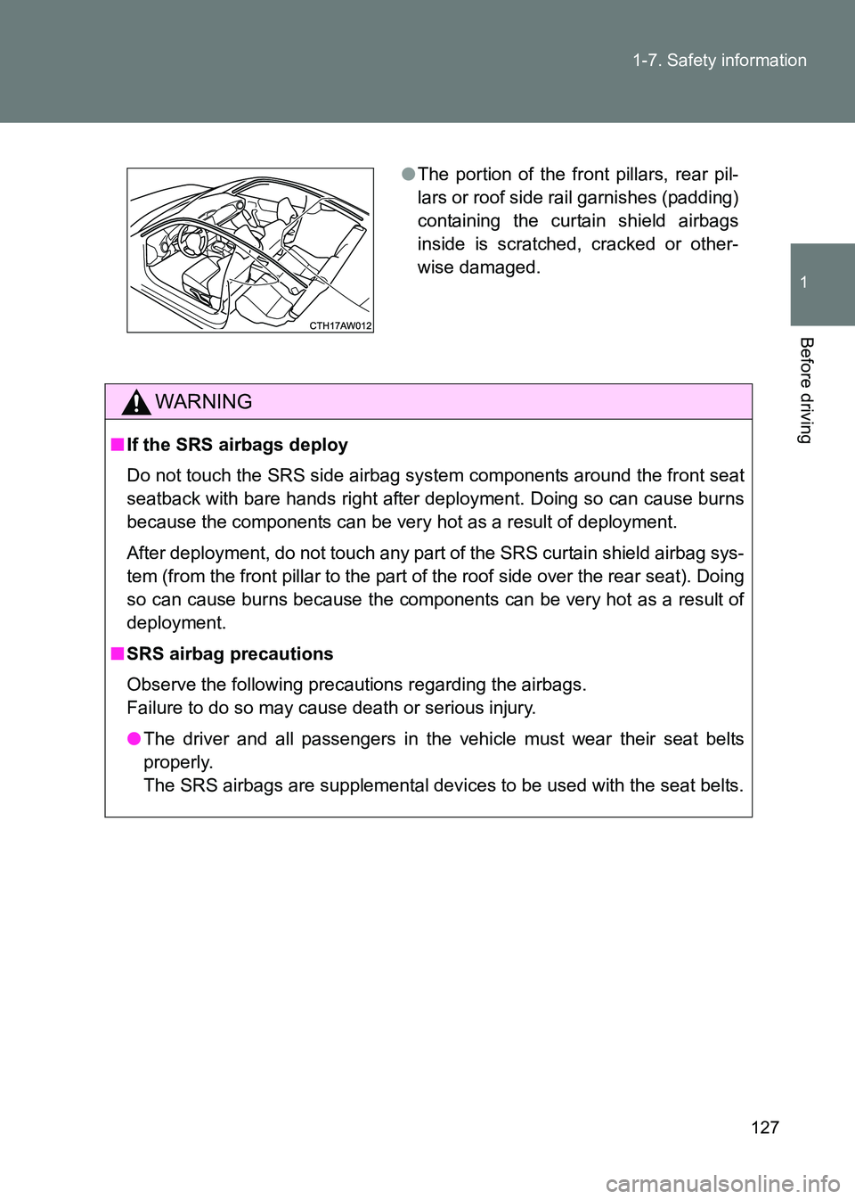 TOYOTA GT86 2017 Owners Manual (in English) 127
1-7. Safety information
1
Before driving
86_EE (OM18071E)
WARNING
■
If the SRS airbags deploy
Do not touch the SRS side airbag system components around the front seat
seatback with bare hands ri TOYOTA GT86 2017 Owners Manual (in English) 127
1-7. Safety information
1
Before driving
86_EE (OM18071E)
WARNING
■
If the SRS airbags deploy
Do not touch the SRS side airbag system components around the front seat
seatback with bare hands ri