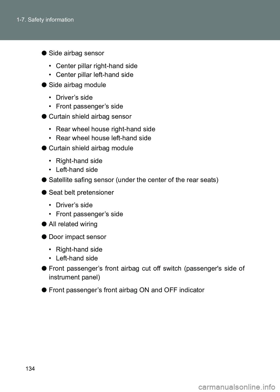 TOYOTA GT86 2017 Owners Manual (in English) 134
1-7. Safety information
86_EE (OM18071E)
●
Side airbag sensor
• Center pillar right-hand side
• Center pillar left-hand side
● Side airbag module
• Driver’s side
• Front passenger’ TOYOTA GT86 2017 Owners Manual (in English) 134
1-7. Safety information
86_EE (OM18071E)
●
Side airbag sensor
• Center pillar right-hand side
• Center pillar left-hand side
● Side airbag module
• Driver’s side
• Front passenger’
