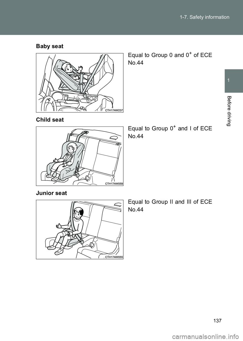 TOYOTA GT86 2017 Owners Manual (in English) 137
1-7. Safety information
1
Before driving
86_EE (OM18071E)
Baby seat
Equal to Group 0 and 0
+ of ECE
No.44
Child seat Equal to Group 0
+ and I of ECE
No.44
Junior seat Equal to Group II and III of TOYOTA GT86 2017 Owners Manual (in English) 137
1-7. Safety information
1
Before driving
86_EE (OM18071E)
Baby seat
Equal to Group 0 and 0
+ of ECE
No.44
Child seat Equal to Group 0
+ and I of ECE
No.44
Junior seat Equal to Group II and III of