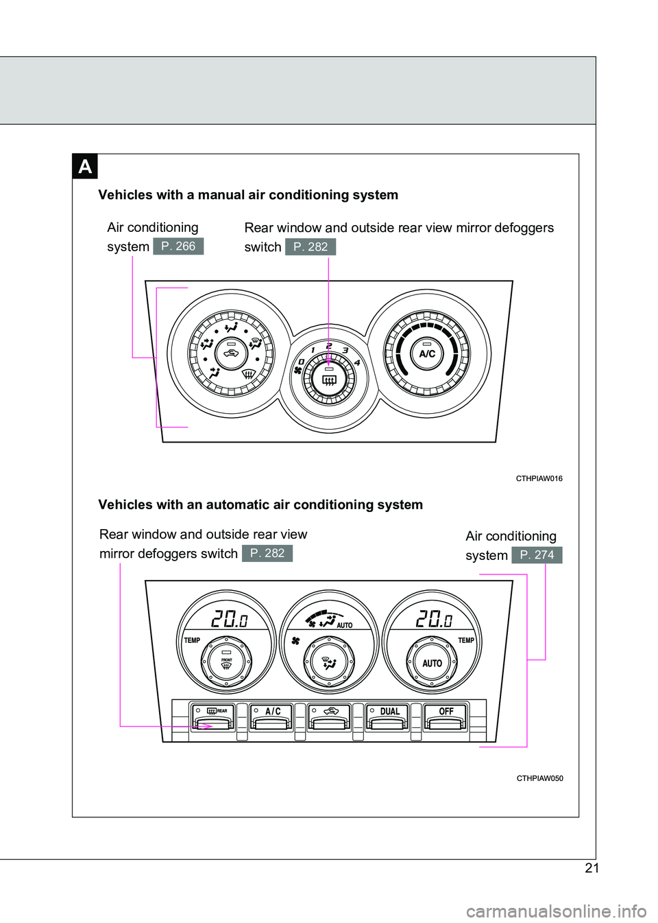TOYOTA GT86 2017 (in English) Owners Manual 86_EE (OM18071E)
21
A
Rear window and outside rear view mirror defoggers
switch
P. 282
Vehicles with an automatic air conditioning system Vehicles with a manual air conditioning systemAir conditioni TOYOTA GT86 2017 (in English) Owners Manual 86_EE (OM18071E)
21
A
Rear window and outside rear view mirror defoggers
switch
P. 282
Vehicles with an automatic air conditioning system Vehicles with a manual air conditioning systemAir conditioni
