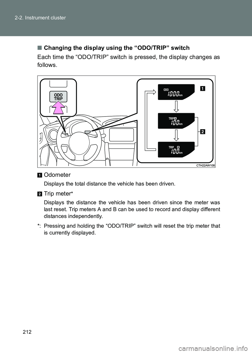 TOYOTA GT86 2017  Owners Manual (in English) 212
2-2. Instrument cluster
86_EE (OM18071E)
■
Changing the display using the “ODO/TRIP” switch
Each time the “ODO/TRIP” switch is pressed, the display changes as
follows.
Odometer
Displays 