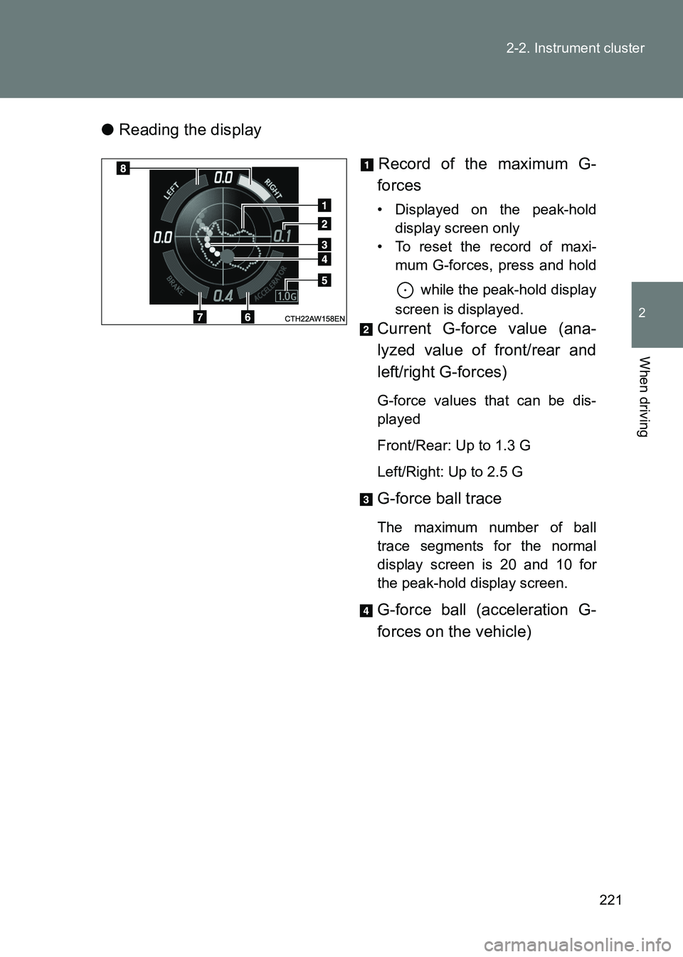 TOYOTA GT86 2017 Owners Manual (in English) 221
2-2. Instrument cluster
2
When driving
86_EE (OM18071E)
●
Reading the display
Record of the maximum G-
forces
• Displayed on the peak-hold display screen only
• To reset the record of maxi- TOYOTA GT86 2017 Owners Manual (in English) 221
2-2. Instrument cluster
2
When driving
86_EE (OM18071E)
●
Reading the display
Record of the maximum G-
forces
• Displayed on the peak-hold display screen only
• To reset the record of maxi-