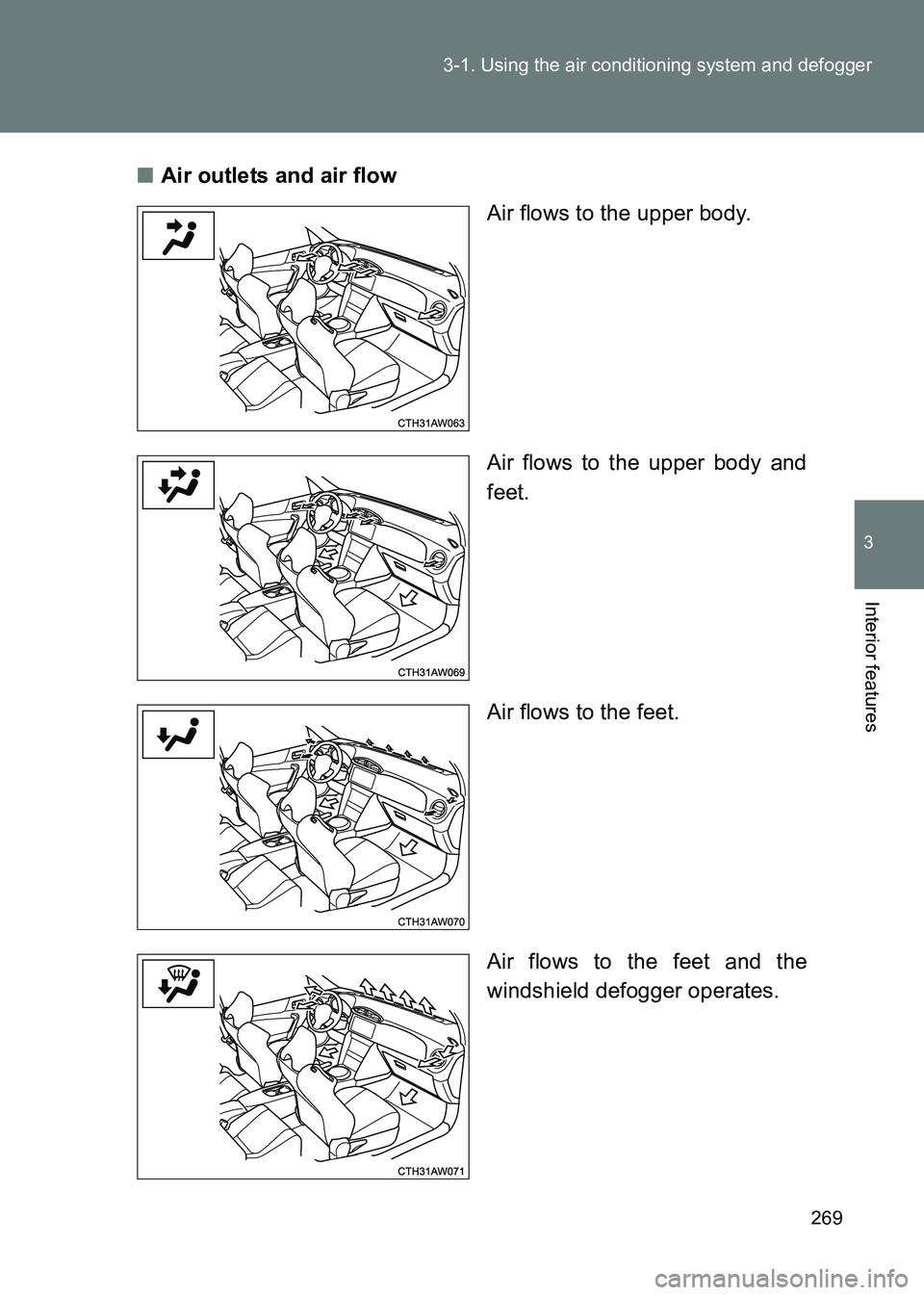 TOYOTA GT86 2017  Owners Manual (in English) 269
3-1. Using the air conditioning system and defogger
3
Interior features
86_EE (OM18071E)
■
Air outlets and air flow
Air flows to the upper body.
Air flows to the upper body and
feet.
Air flows t
