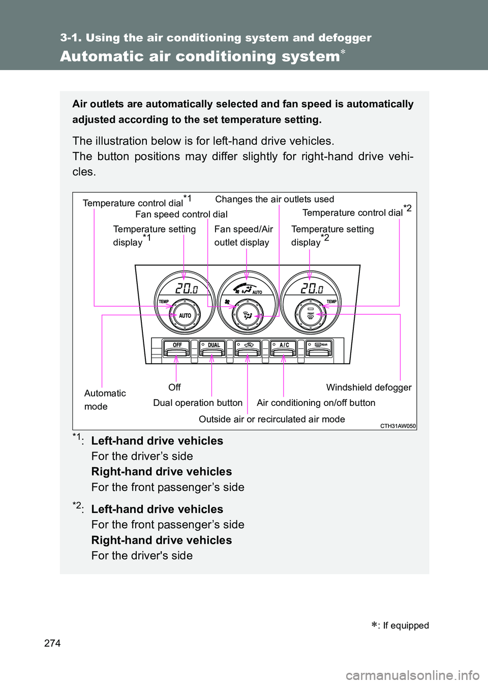 TOYOTA GT86 2017  Owners Manual (in English) 274
3-1. Using the air conditioning system and defogger
86_EE (OM18071E)
Automatic air conditioning system∗
Air outlets are automatically selected and fan speed is automatically
adjusted according t