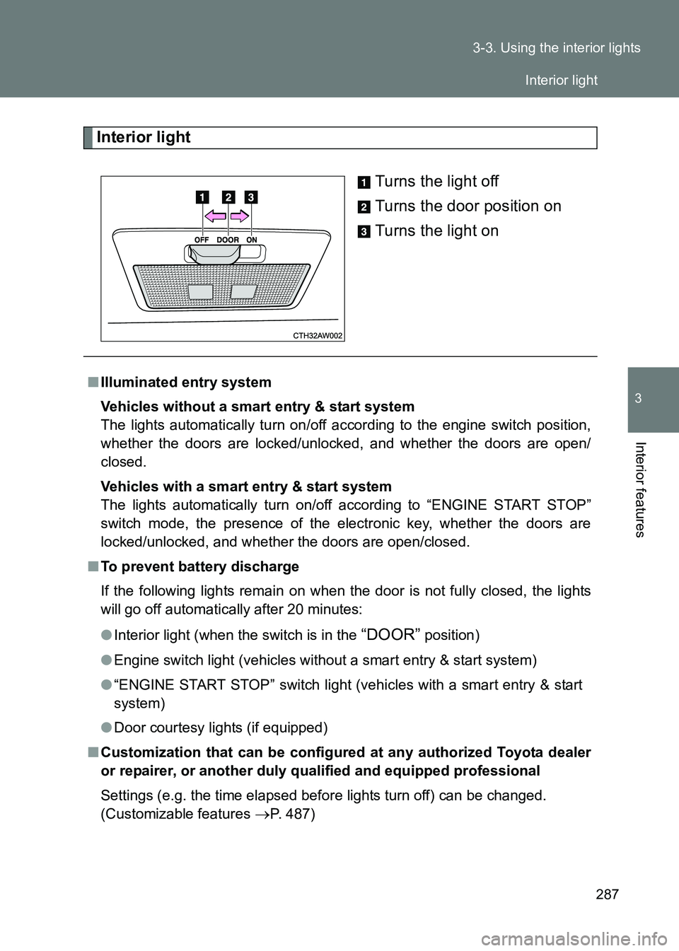 TOYOTA GT86 2017 Owners Manual (in English) 287
3-3. Using the interior lights
3
Interior features
86_EE (OM18071E)
Interior light
Turns the light off
Turns the door position on
Turns the light on
■Illuminated entry system
Vehicles without a TOYOTA GT86 2017 Owners Manual (in English) 287
3-3. Using the interior lights
3
Interior features
86_EE (OM18071E)
Interior light
Turns the light off
Turns the door position on
Turns the light on
■Illuminated entry system
Vehicles without a