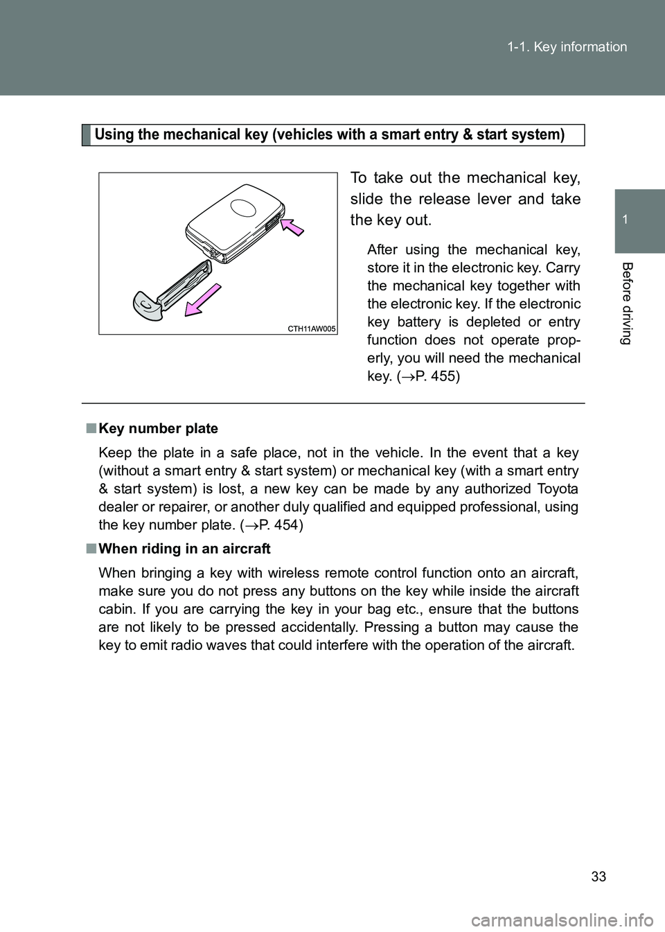 TOYOTA GT86 2017 Owners Manual (in English) 33
1-1. Key information
1
Before driving
86_EE (OM18071E)
Using the mechanical key (vehicles
with a smart entry & start system)
To take out the mechanical key,
slide the release lever and take
the ke TOYOTA GT86 2017 Owners Manual (in English) 33
1-1. Key information
1
Before driving
86_EE (OM18071E)
Using the mechanical key (vehicles
with a smart entry & start system)
To take out the mechanical key,
slide the release lever and take
the ke