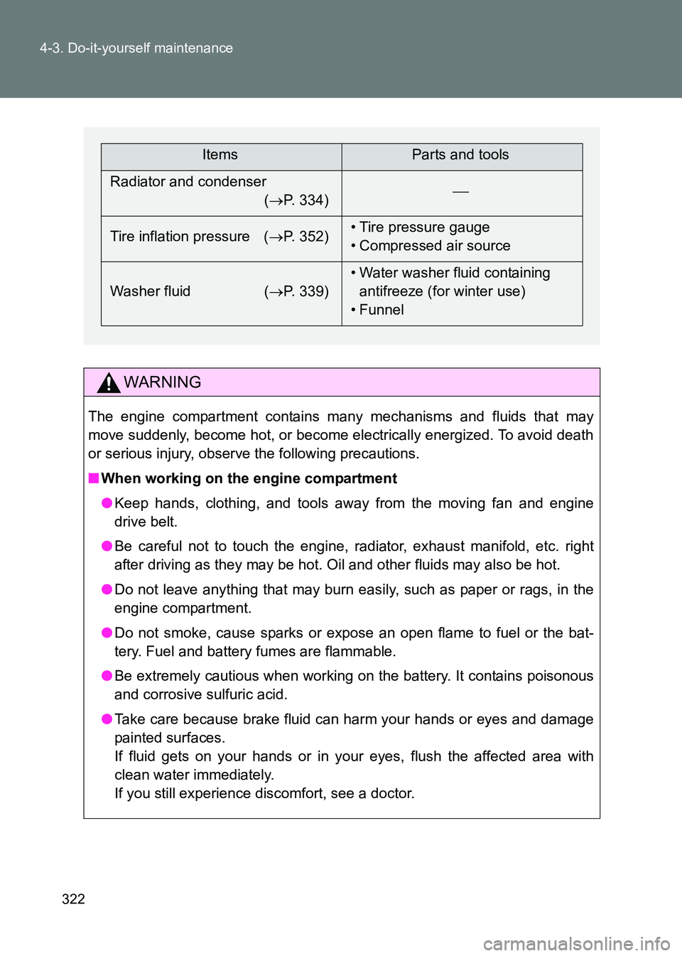 TOYOTA GT86 2017 Owners Manual (in English) 322
4-3. Do-it-yourself maintenance
86_EE (OM18071E)
WARNING
The engine compartment contains many mechanisms and fluids that may
move suddenly, become hot, or become electrically energized. To avoid d TOYOTA GT86 2017 Owners Manual (in English) 322
4-3. Do-it-yourself maintenance
86_EE (OM18071E)
WARNING
The engine compartment contains many mechanisms and fluids that may
move suddenly, become hot, or become electrically energized. To avoid d