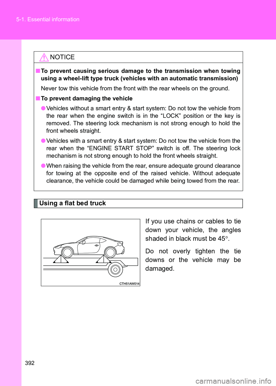 TOYOTA GT86 2017   (in English) Manual PDF 392
5-1. Essential information
86_EE (OM18071E)
Using a flat bed truck
If you use chains or cables to tie
down your vehicle, the angles
shaded in black must be 45°.
Do not overly tighten the tie
down