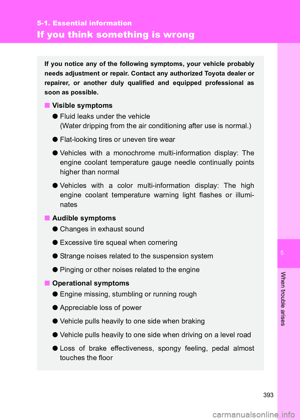 TOYOTA GT86 2017   (in English) User Guide 5
393
5-1. Essential information
When trouble arises
86_EE (OM18071E)
If you think something is wrong
If you notice any of the following symptoms, your vehicle probably
needs adjustment or repair. Con TOYOTA GT86 2017   (in English) User Guide 5
393
5-1. Essential information
When trouble arises
86_EE (OM18071E)
If you think something is wrong
If you notice any of the following symptoms, your vehicle probably
needs adjustment or repair. Con