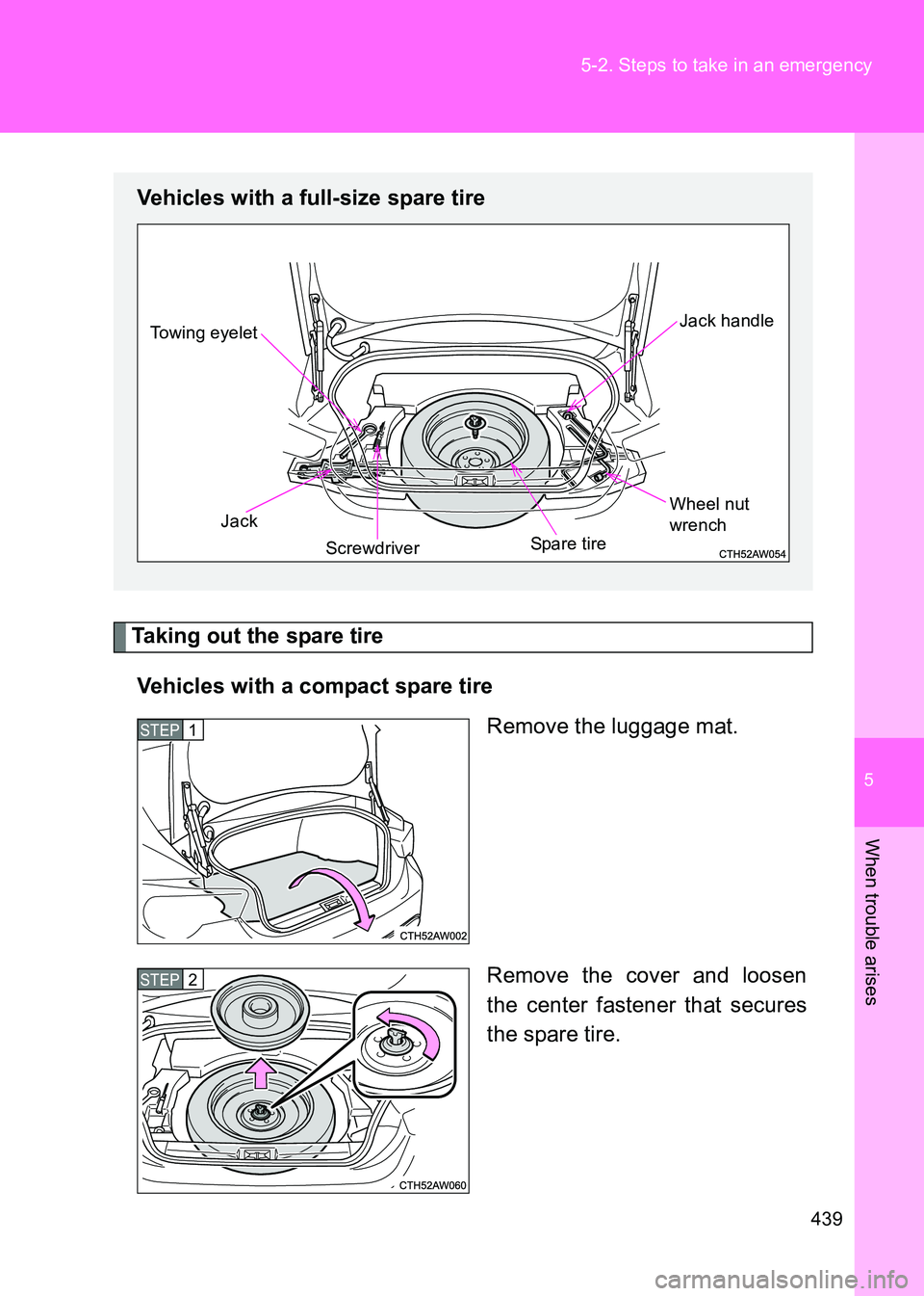 TOYOTA GT86 2017  Owners Manual (in English) 5
439
5-2. Steps to take in an emergency
When trouble arises
86_EE (OM18071E)
Taking out the spare tire
Vehicles with a compact spare tire Remove the luggage mat.
Remove the cover and loosen
the cente