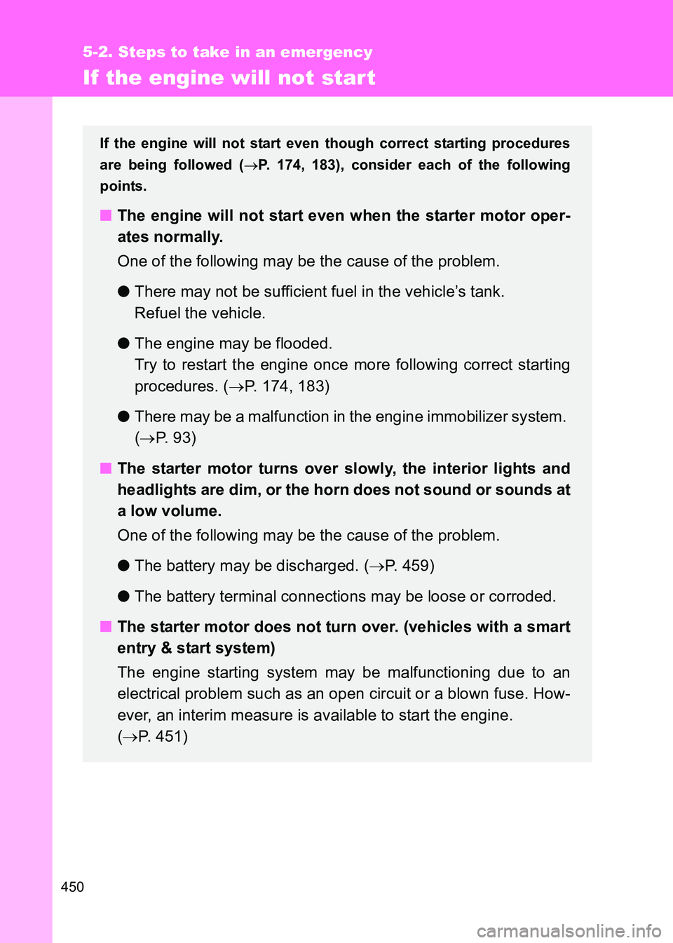 TOYOTA GT86 2017  Owners Manual (in English) 450
5-2. Steps to take in an emergency
86_EE (OM18071E)
If the engine will not start
If the engine will not start even though correct starting procedures
are being followed ( →P. 174, 183), consider