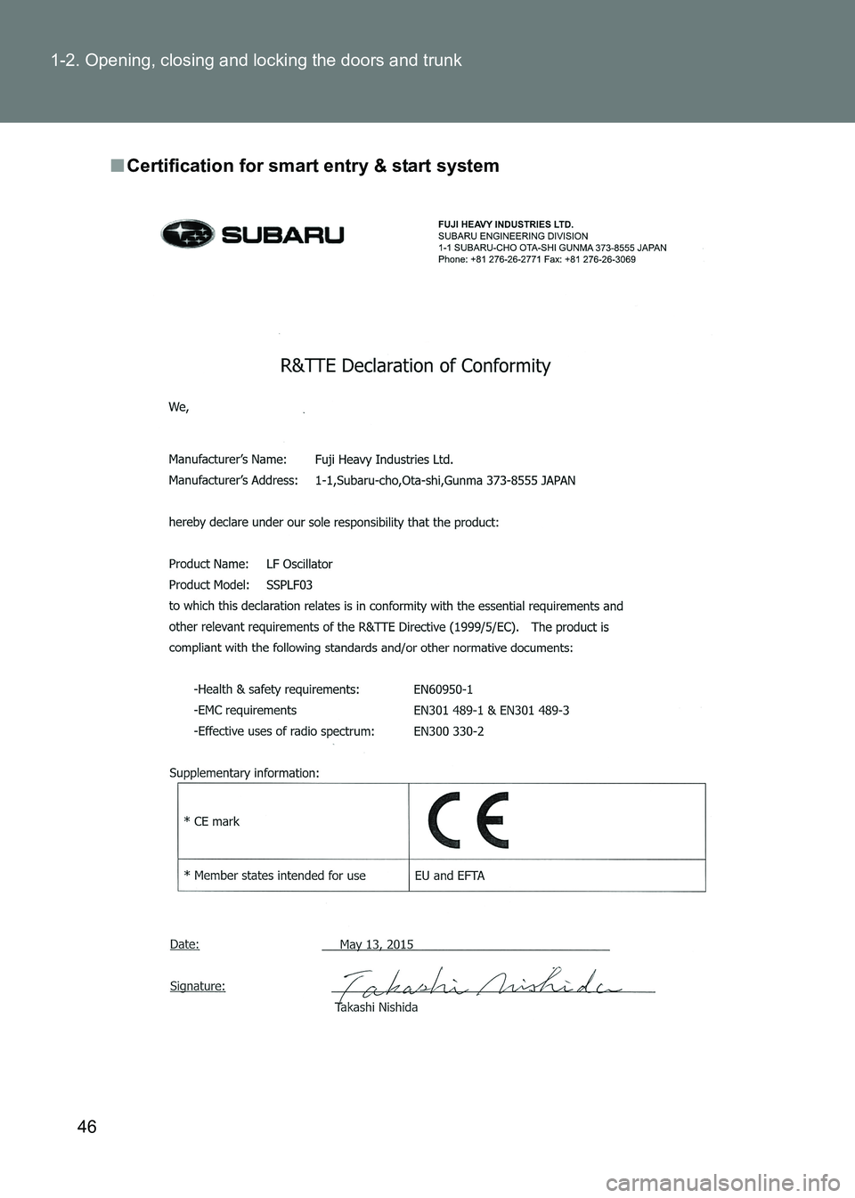 TOYOTA GT86 2017 (in English) Service Manual 46
1-2. Opening, closing and locking the doors and trunk
86_EE (OM18071E)
■
Certification for smart entry & start system TOYOTA GT86 2017 (in English) Service Manual 46
1-2. Opening, closing and locking the doors and trunk
86_EE (OM18071E)
■
Certification for smart entry & start system