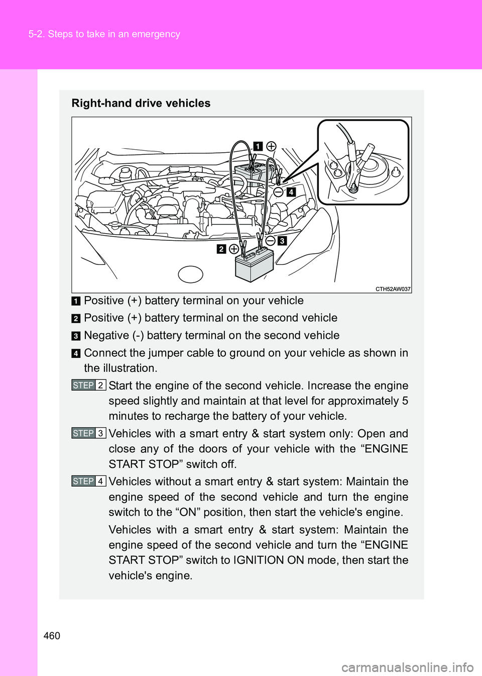 TOYOTA GT86 2017  Owners Manual (in English) 460
5-2. Steps to take in an emergency
86_EE (OM18071E)
Right-hand drive vehicles
Positive (+) battery terminal on your vehicle
Positive (+) battery terminal on the second vehicle
Negative (-) battery
