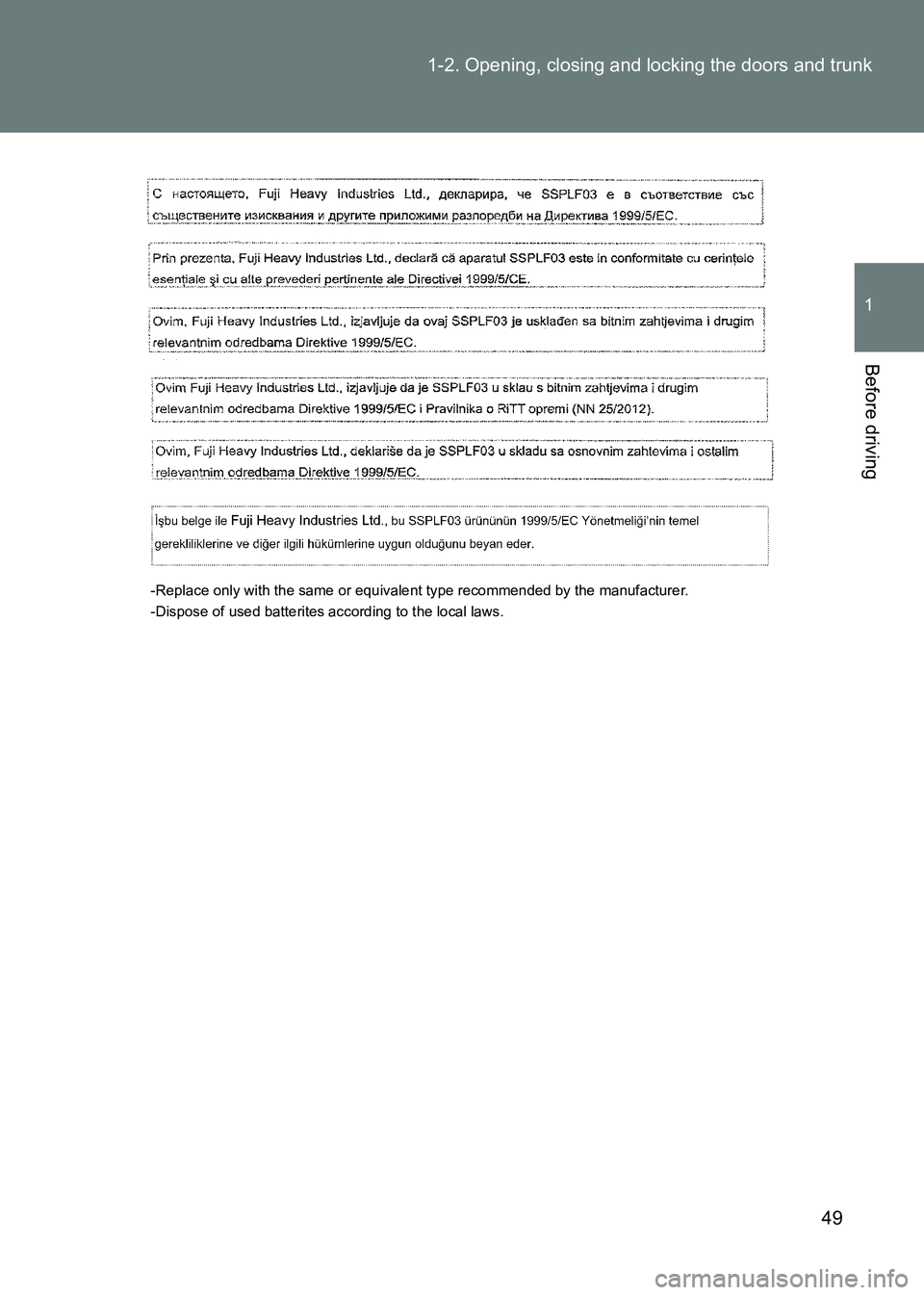 TOYOTA GT86 2017 (in English) Service Manual 49
1-2. Opening, closing and locking the doors and trunk
1
Before driving
86_EE (OM18071E)
-Replace only with the same or equivalent type recommended by the manufacturer.
-Dispose of used batterites a TOYOTA GT86 2017 (in English) Service Manual 49
1-2. Opening, closing and locking the doors and trunk
1
Before driving
86_EE (OM18071E)
-Replace only with the same or equivalent type recommended by the manufacturer.
-Dispose of used batterites a