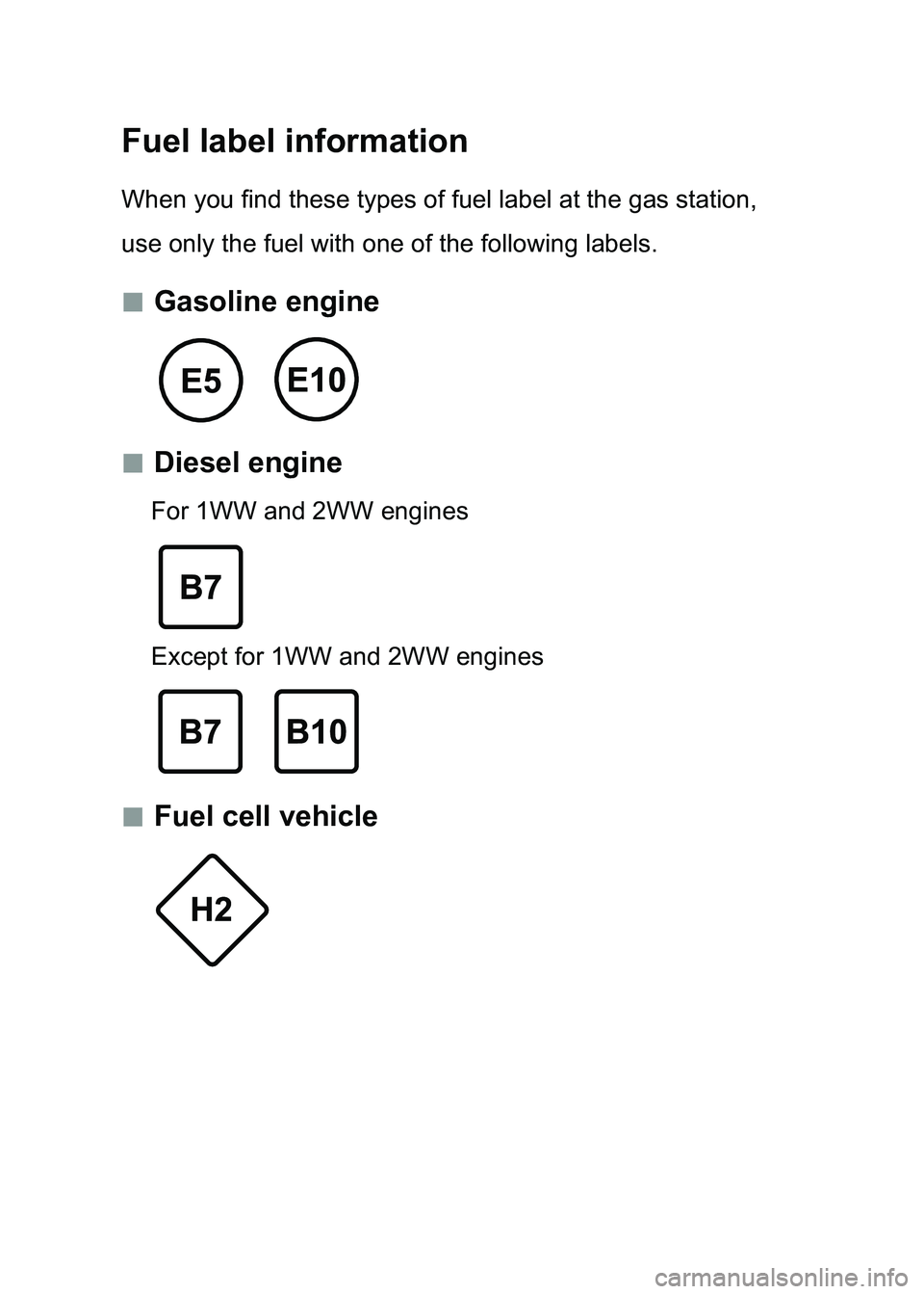 TOYOTA GT86 2017 Owners Manual (in English) Fuel label information
When you find these types of fuel label at the gas station,
use only the fuel with one of the following labels.
Gasoline engine
Diesel engine
For 1WW and 2WW eng TOYOTA GT86 2017 Owners Manual (in English) Fuel label information
When you find these types of fuel label at the gas station,
use only the fuel with one of the following labels.
Gasoline engine
Diesel engine
For 1WW and 2WW eng