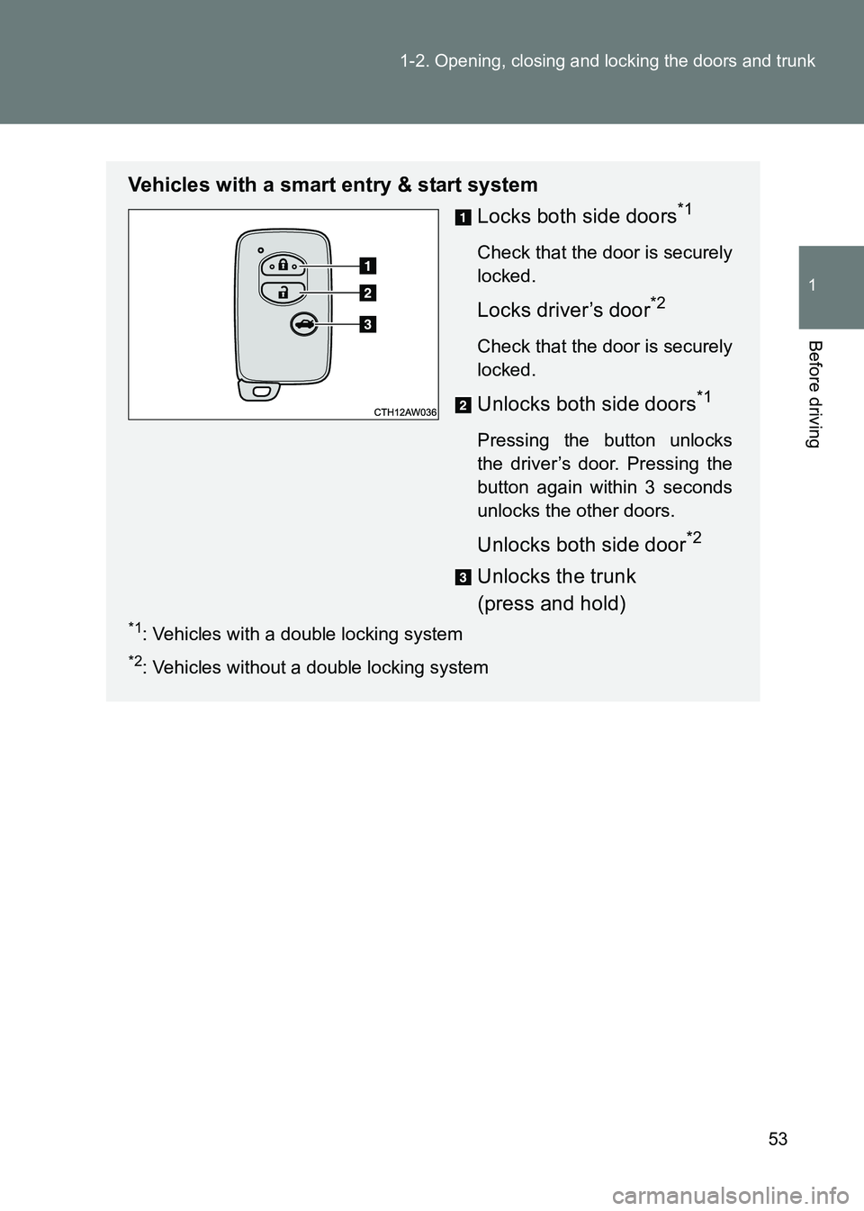 TOYOTA GT86 2017 (in English) Workshop Manual 53
1-2. Opening, closing and locking the doors and trunk
1
Before driving
86_EE (OM18071E)
Vehicles with a smart entry & start system
Locks both side doors
*1
Check that the door is securely
locked.
TOYOTA GT86 2017 (in English) Workshop Manual 53
1-2. Opening, closing and locking the doors and trunk
1
Before driving
86_EE (OM18071E)
Vehicles with a smart entry & start system
Locks both side doors
*1
Check that the door is securely
locked.