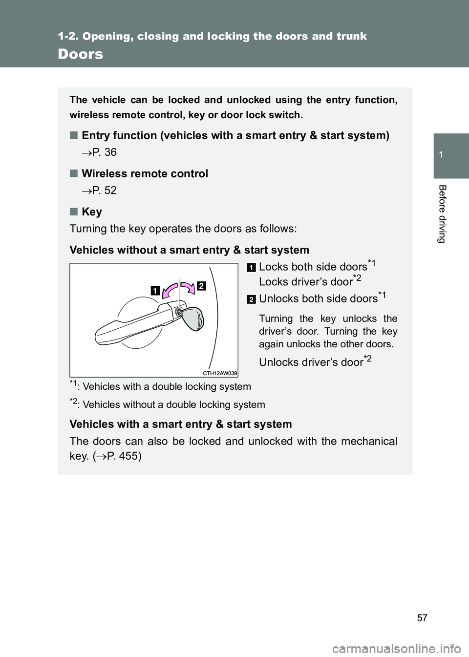 TOYOTA GT86 2017 (in English) Workshop Manual 57
1
1-2. Opening, closing and locking the doors and trunk
Before driving
86_EE (OM18071E)
Doors
The vehicle can be locked and unlocked using the entry function,
wireless remote control, key or door l TOYOTA GT86 2017 (in English) Workshop Manual 57
1
1-2. Opening, closing and locking the doors and trunk
Before driving
86_EE (OM18071E)
Doors
The vehicle can be locked and unlocked using the entry function,
wireless remote control, key or door l