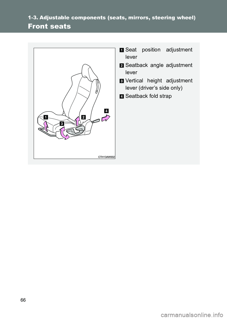 TOYOTA GT86 2017 (in English) Repair Manual 66
86_EE (OM18071E)
1-3. Adjustable components (seats, mirrors, steering wheel)
Front seats
Seat position adjustment
lever
Seatback angle adjustment
lever
Vertical height adjustment
lever (driver’s TOYOTA GT86 2017 (in English) Repair Manual 66
86_EE (OM18071E)
1-3. Adjustable components (seats, mirrors, steering wheel)
Front seats
Seat position adjustment
lever
Seatback angle adjustment
lever
Vertical height adjustment
lever (driver’s