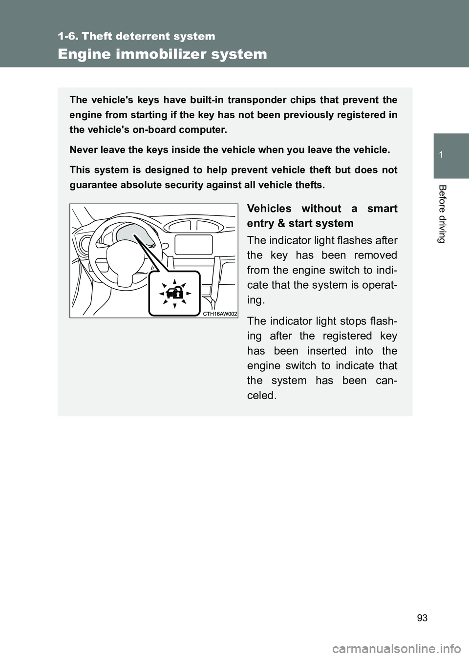 TOYOTA GT86 2017  Owners Manual (in English) 93
1
Before driving
86_EE (OM18071E)
1-6. Theft deterrent system
Engine immobilizer system
The vehicles keys have built-in transponder chips that prevent the
engine from starting if the key has not b