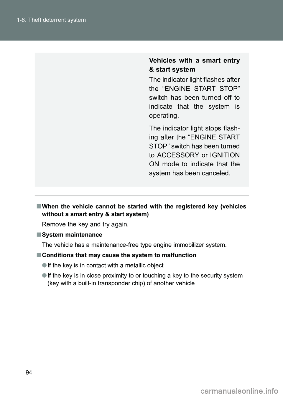 TOYOTA GT86 2017  Owners Manual (in English) 94
1-6. Theft deterrent system
86_EE (OM18071E)
■
When the vehicle cannot be started with the registered key (vehicles
without a smart entry & start system)
Remove the key and try again.
■System m