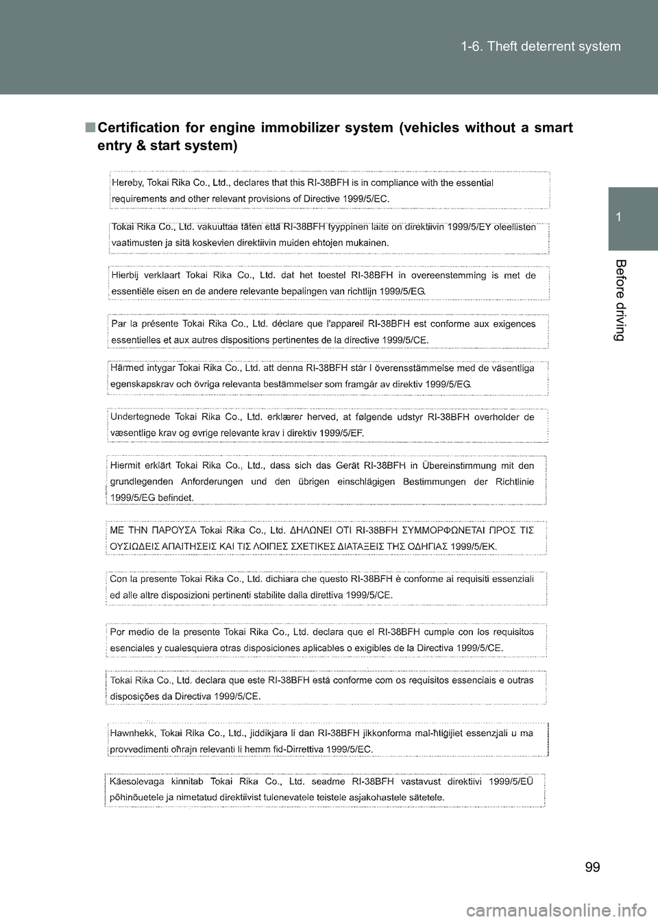 TOYOTA GT86 2017  Owners Manual (in English) 99
1-6. Theft deterrent system
1
Before driving
86_EE (OM18071E)
■
Certification for engine immobilize r system (vehicles without a smart
entry & start system) 