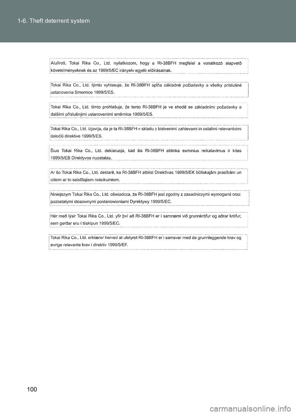 TOYOTA GT86 2017  Owners Manual (in English) 100
1-6. Theft deterrent system
86_EE (OM18071E) 