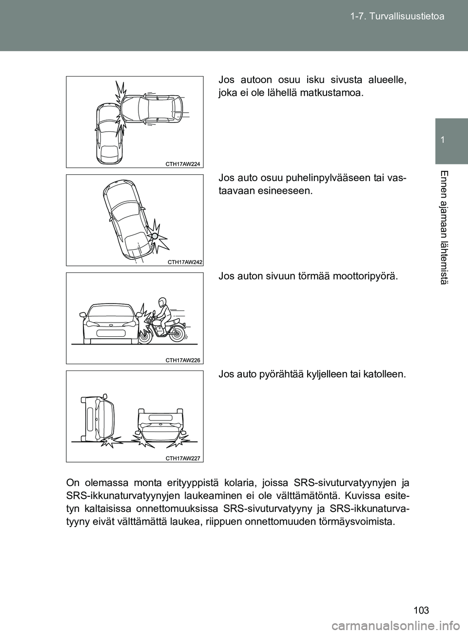TOYOTA GT86 2017  Omistajan Käsikirja (in Finnish) 103
1-7. Turvallisuustietoa
1
Ennen ajamaan lähtemistä
OM18071FI
On olemassa monta erityyppistä kolaria, joissa SRS-sivuturvatyynyjen ja
SRS-ikkunaturvatyynyjen laukeaminen ei ole välttämätönt
