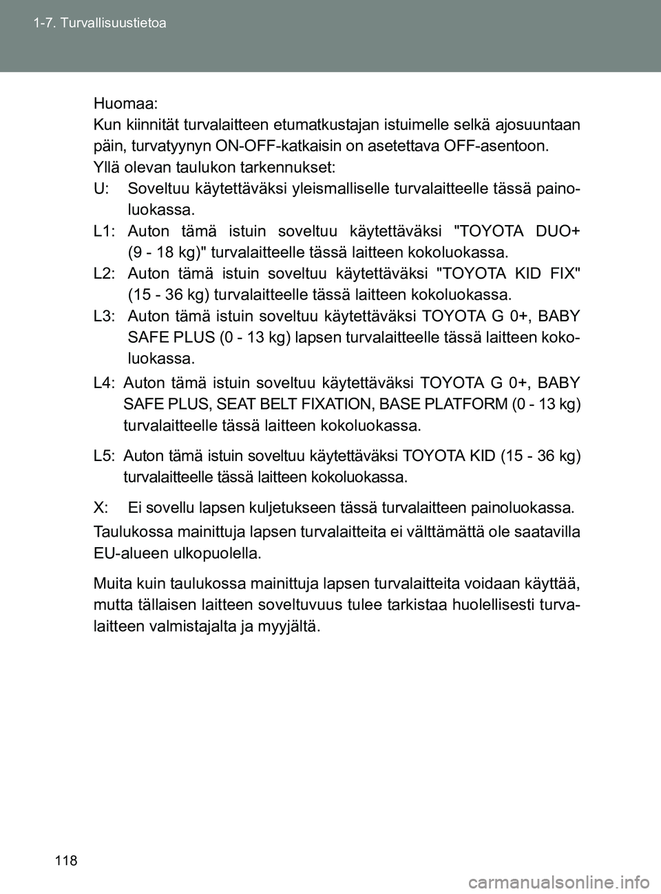 TOYOTA GT86 2017 Omistajan Käsikirja (in Finnish) 118
1-7. Turvallisuustietoa
OM18071FI
Huomaa:
Kun kiinnität turvalaitteen etumatkustajan istuimelle selkä ajosuuntaan
päin, turvatyynyn ON-OFF-katkaisin on asetettava OFF-asentoon.
Yllä olevan tau TOYOTA GT86 2017 Omistajan Käsikirja (in Finnish) 118
1-7. Turvallisuustietoa
OM18071FI
Huomaa:
Kun kiinnität turvalaitteen etumatkustajan istuimelle selkä ajosuuntaan
päin, turvatyynyn ON-OFF-katkaisin on asetettava OFF-asentoon.
Yllä olevan tau