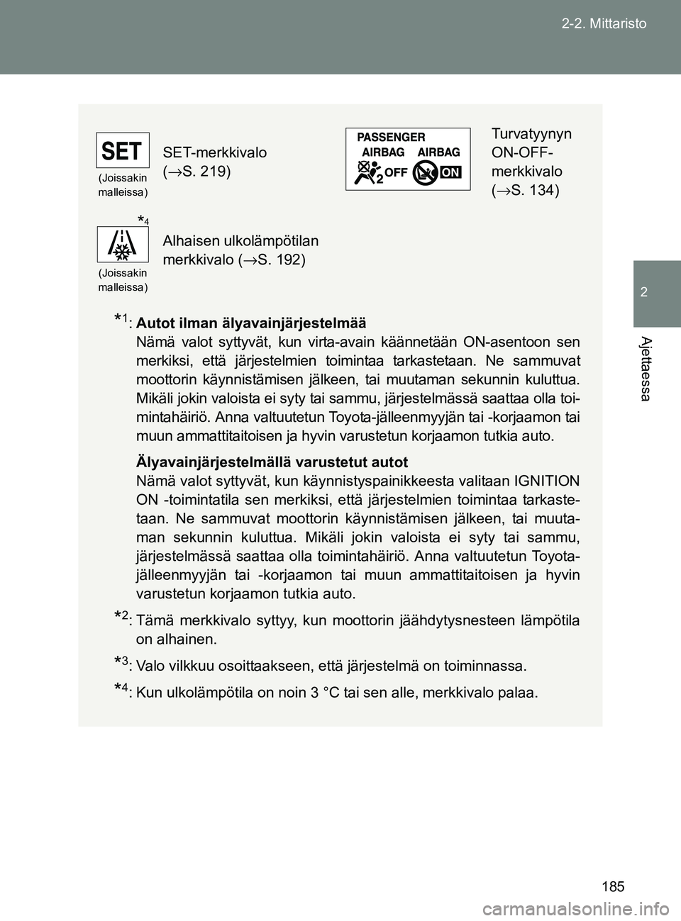 TOYOTA GT86 2017 Omistajan Käsikirja (in Finnish) 185
2-2. Mittaristo
2
Ajettaessa
OM18071FI
*1:
Autot ilman älyavainjärjestelmää
Nämä valot syttyvät, kun virta-avain käännetään ON-asentoon sen
merkiksi, että järjestelmien toim intaa t TOYOTA GT86 2017 Omistajan Käsikirja (in Finnish) 185
2-2. Mittaristo
2
Ajettaessa
OM18071FI
*1:
Autot ilman älyavainjärjestelmää
Nämä valot syttyvät, kun virta-avain käännetään ON-asentoon sen
merkiksi, että järjestelmien toim intaa t