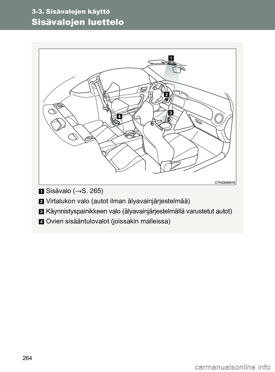 TOYOTA GT86 2017  Omistajan Käsikirja (in Finnish) 264
OM18071FI
3-3. Sisävalojen käyttö
Sisävalojen luettelo
Sisävalo (→S. 265)
Virtalukon valo (autot ilman älyavainjärjestelmää)
Käynnistyspainikkeen valo (älyavainjärjestelmällä varus
