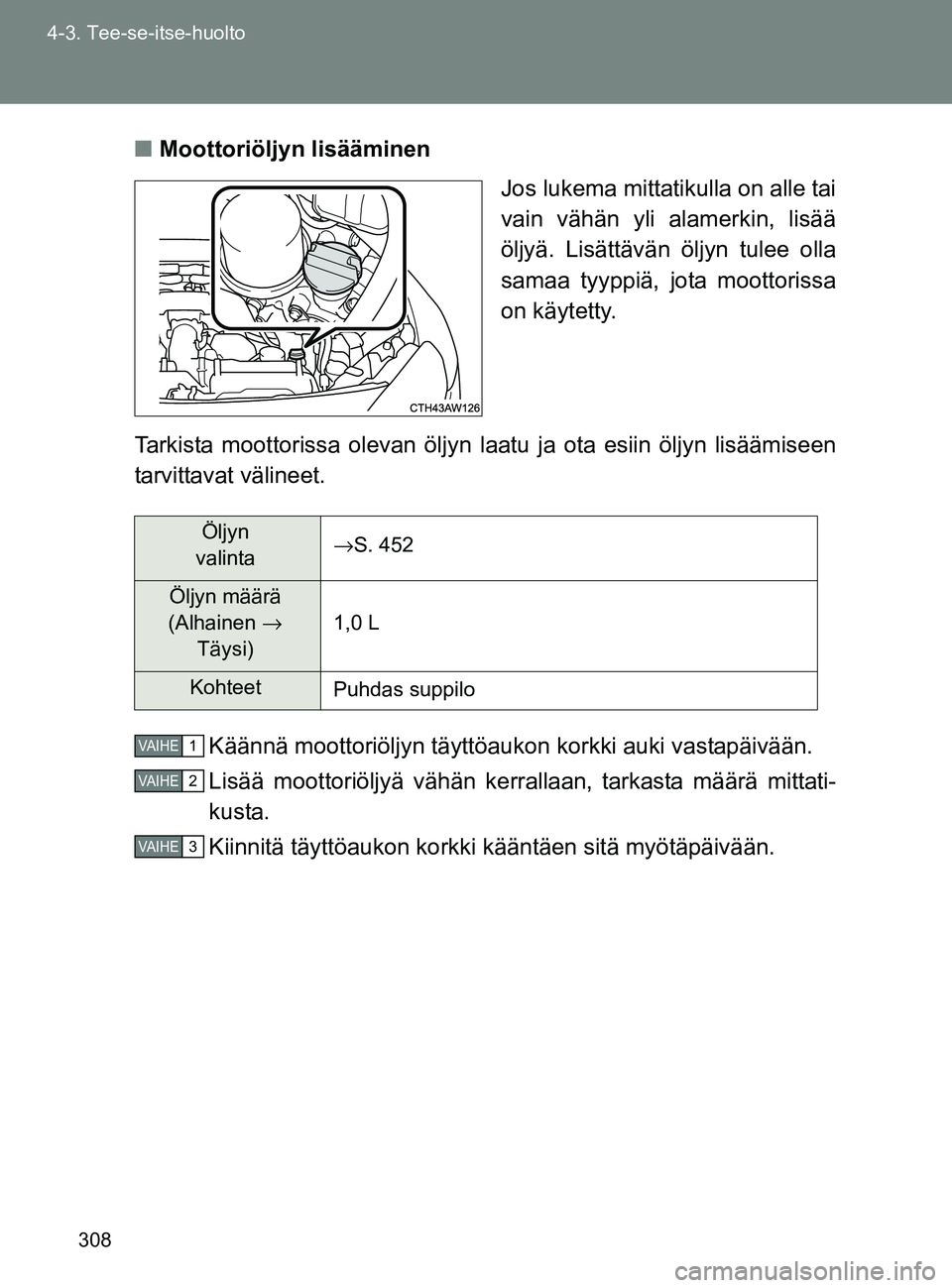 TOYOTA GT86 2017 Omistajan Käsikirja (in Finnish) 308
4-3. Tee-se-itse-huolto
OM18071FI
■
Moottoriöljyn lisääminen
Jos lukema mittatikulla on alle tai
vain vähän yli alamerkin, lisää
öljyä. Lisättävän öljyn tulee olla
samaa tyyppiä, j TOYOTA GT86 2017 Omistajan Käsikirja (in Finnish) 308
4-3. Tee-se-itse-huolto
OM18071FI
■
Moottoriöljyn lisääminen
Jos lukema mittatikulla on alle tai
vain vähän yli alamerkin, lisää
öljyä. Lisättävän öljyn tulee olla
samaa tyyppiä, j